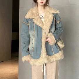 牛仔外套女秋冬新款羊羔毛设计感休闲小众美式复古宽松棉衣棉服潮