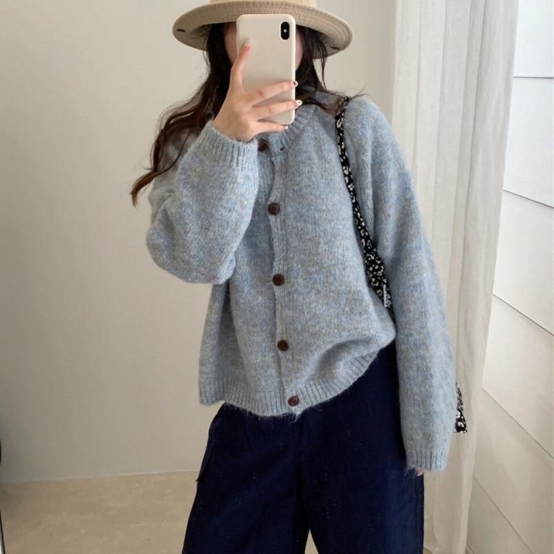 韩系温柔风彩纱圆领毛衣外套女秋冬新款宽松百搭软糯针织开衫上衣|undefined