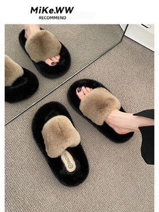 Popular Furry Slippers for Women, Winter Outdoor Wear, 2025 New European Style, High-End Feel, Internet-Famous Thick-Soled Plush Cotton Slippers for Spring and Autumn