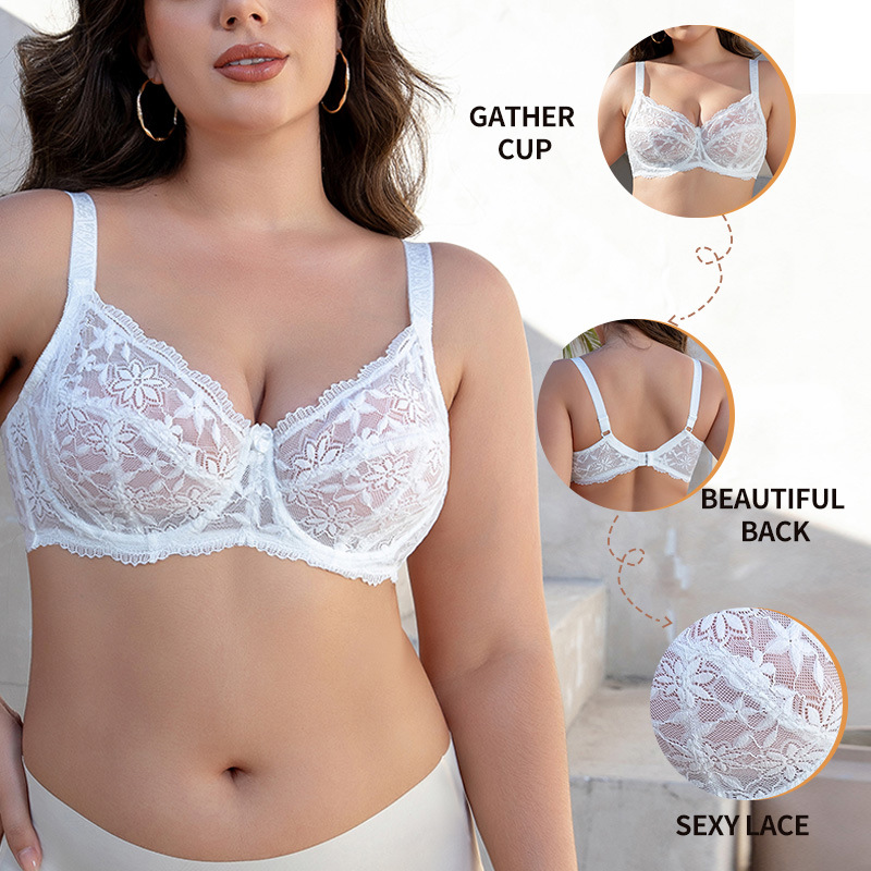Cross-border European and American lace bra with steel ring thin cotton-free cup comfortable breathable upper support adjustable sexy underwear for women