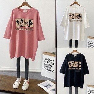 Pregnant Women's Summer Top T-shirt Mid-length Pure Cotton Short-sleeved Pregnant Women's T-shirt Loose plus size Korean Fashionable Base Shirt for Summer