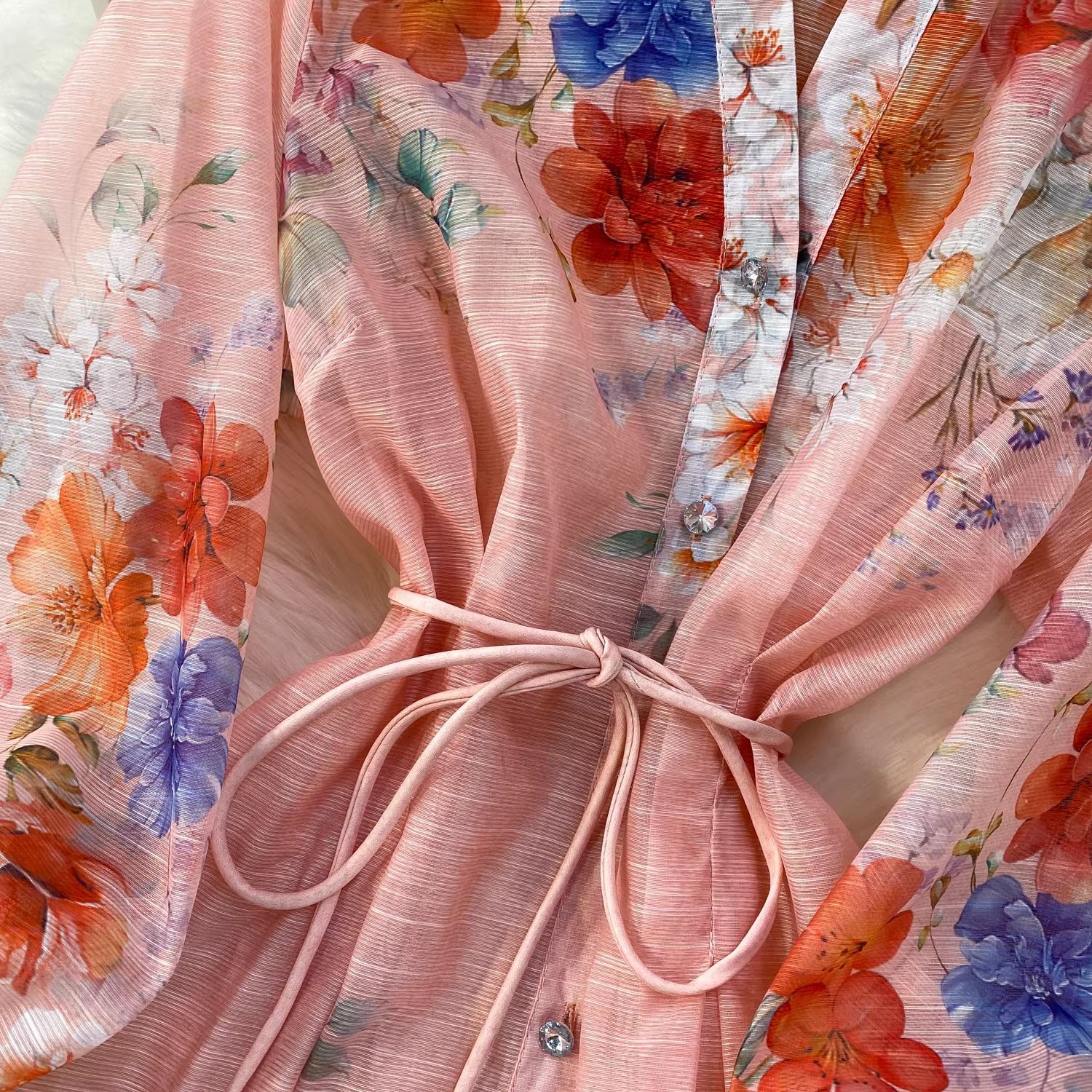 Women's Retro Print V-Neck Dress Lantern Sleeve Single-Breasted Tie Waist Elegant Long Dress For Spring/Autumn Casual Chic_ecoleips.com