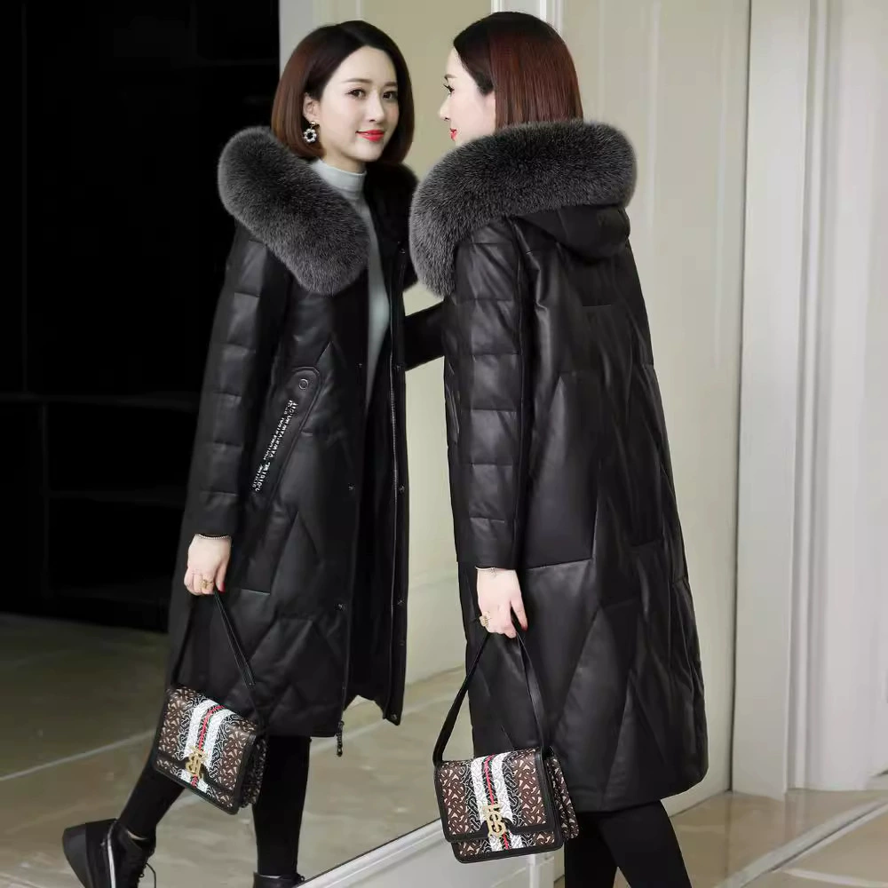 Fitted down jacket, genuine leather