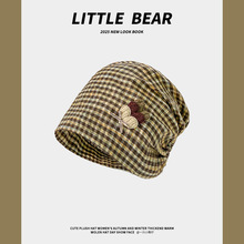 日系蝴蝶结爱心格纹堆堆帽女夏季百搭宽松显脸小包头冷帽套头帽子