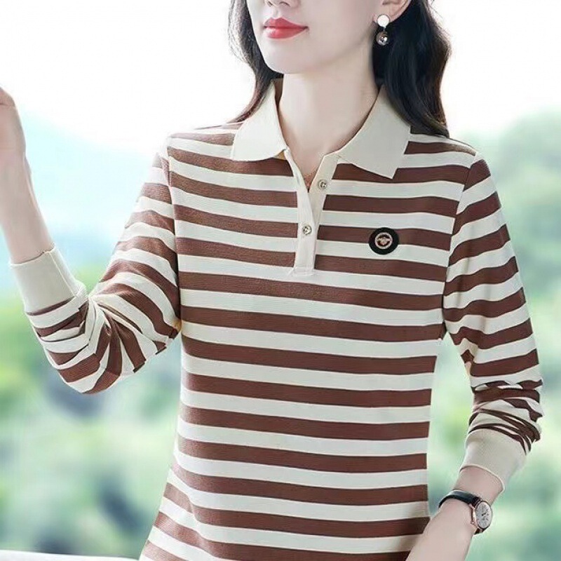 Striped Long-Sleeve T-Shirt for Women, 2026 Spring New Style, Middle-Aged Mom Fashion, Collared Top, Base Layer Polo Shirt, Plus Size Trendy