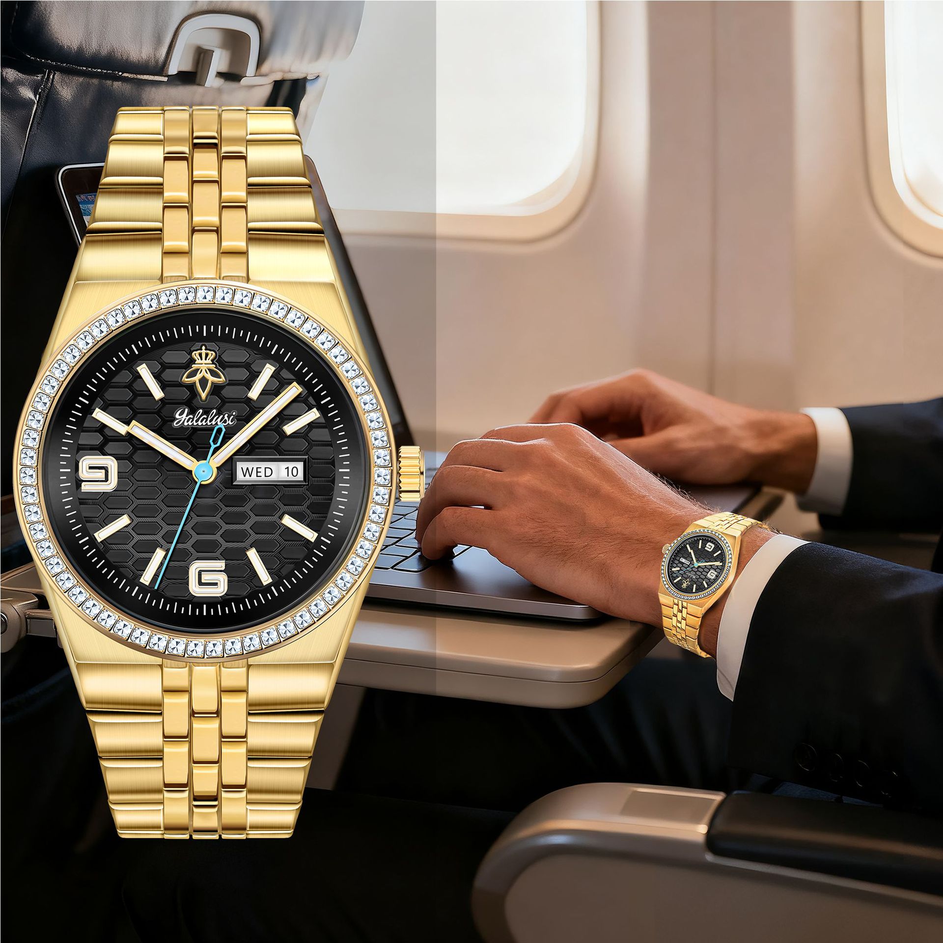 Yalalusi Luxury Gold Case Diamond Calendar Week Men's Watch Light Luxury Business Waterproof Quartz Men's Watch