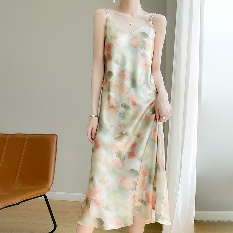 High-end Satin Slip Skirt Dress with Suit Inner Base Skirt Seaside Summer Floral Long Skirt