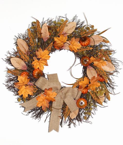 Día de Acción de Gracias calabaza caña decoración bayas pequeñas caña corona de flores