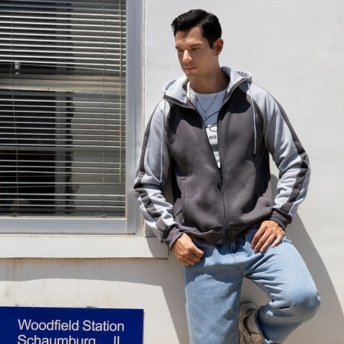 Men's Seasonal Contrast Zip Hoodie Sweatshirt with Drawstring, Oversized Loose Design, Padded Fleece Material, Color Block Style