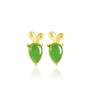 Spinach green natural old material Hetian jade jasper radish earrings women's genuine goods S925 silver jade earrings