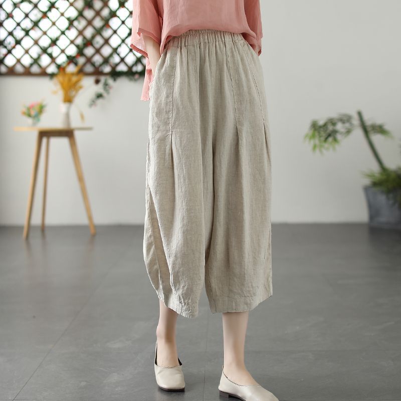 2024 Summer Cotton and Linen Capri Pants Thin chubby girl Loose Loose Loose Waist Cotton and Linen Casual Pants Women's Bloomers plus size Women's Clothing