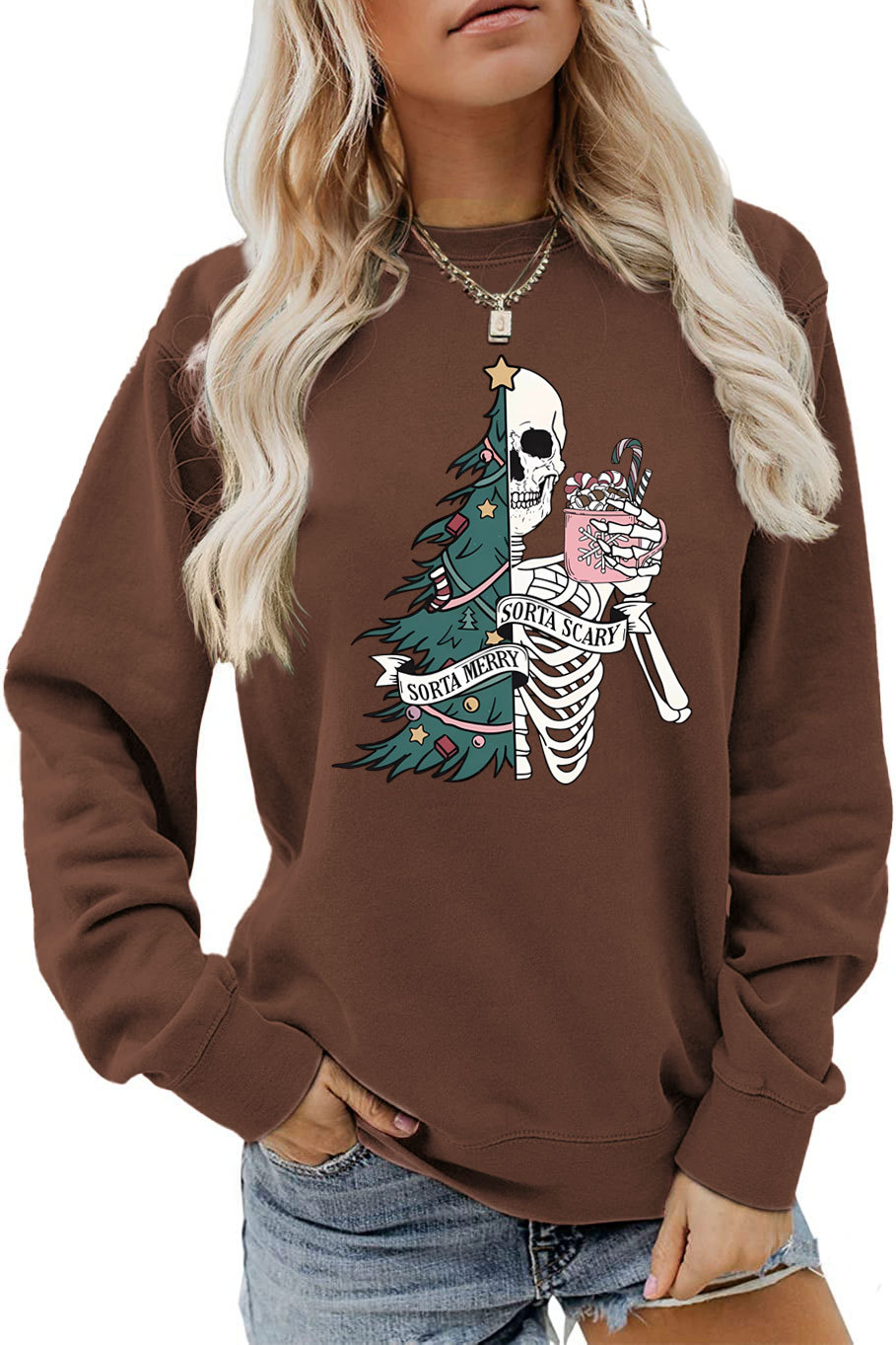 Women's Hoodies Long Sleeve Printing Christmas Christmas Tree Skeleton display picture 6