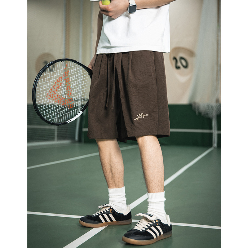 American Retro Letter Embroidered Casual Shorts Summer New Loose Slightly Wrinkled Pleated Design Sports Five-Point Pants Q