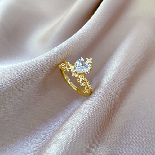 Gold-plated Crown Heart Full Diamond Ring Adjustable Open Simple Japanese Band Couple's Ring