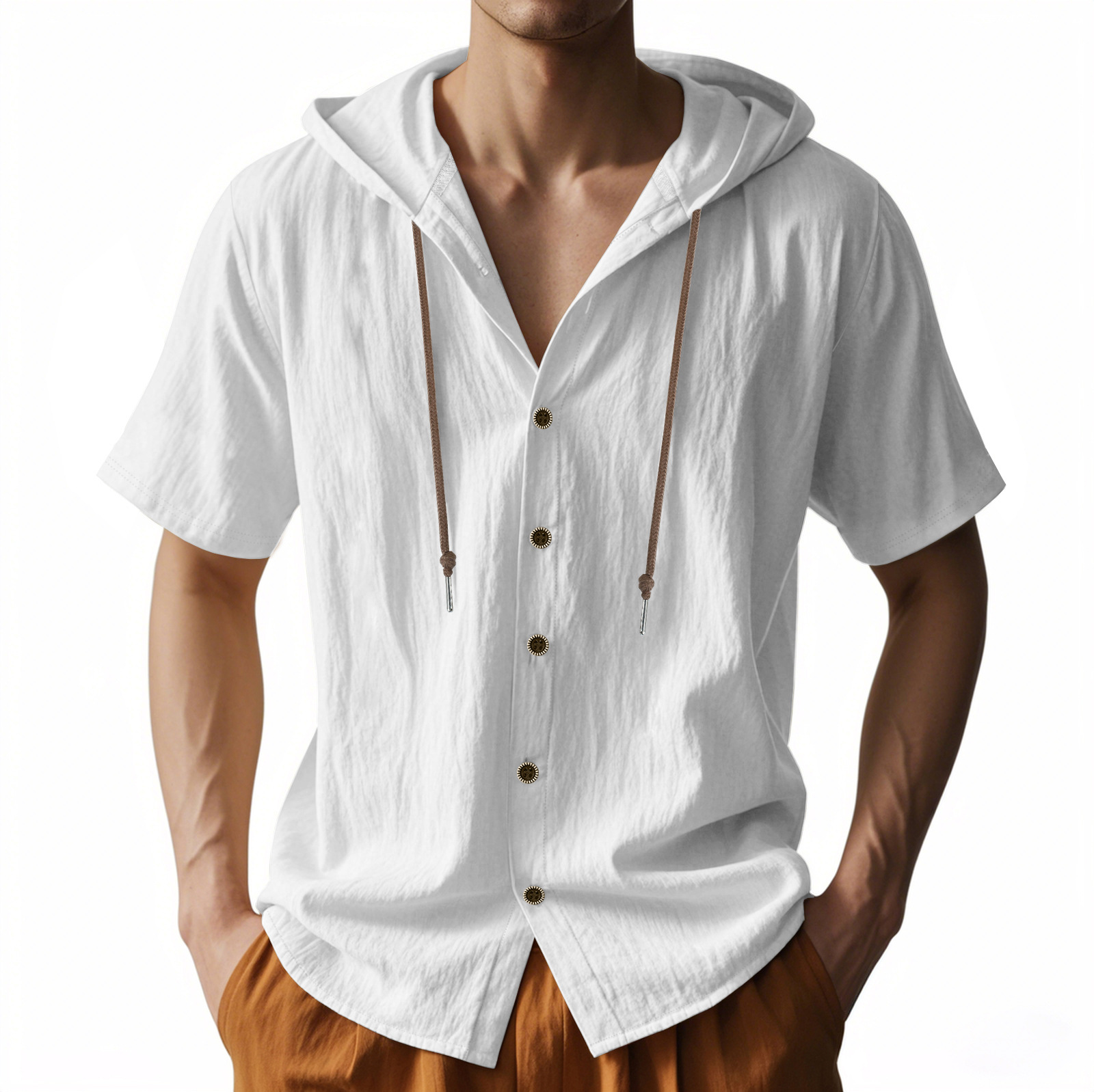 Cross-border Amazon American Short-sleeved T-shirt Men's Summer Thin Breathable Linen Ami Kaji Hooded Short-sleeved Shirt Men