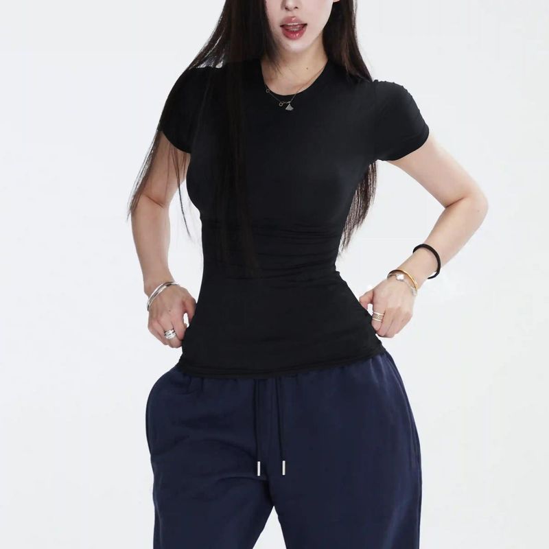 半袖春夏スリムフィット伸縮性右肩タイトピンクTシャツ半袖トップス女性用|undefined