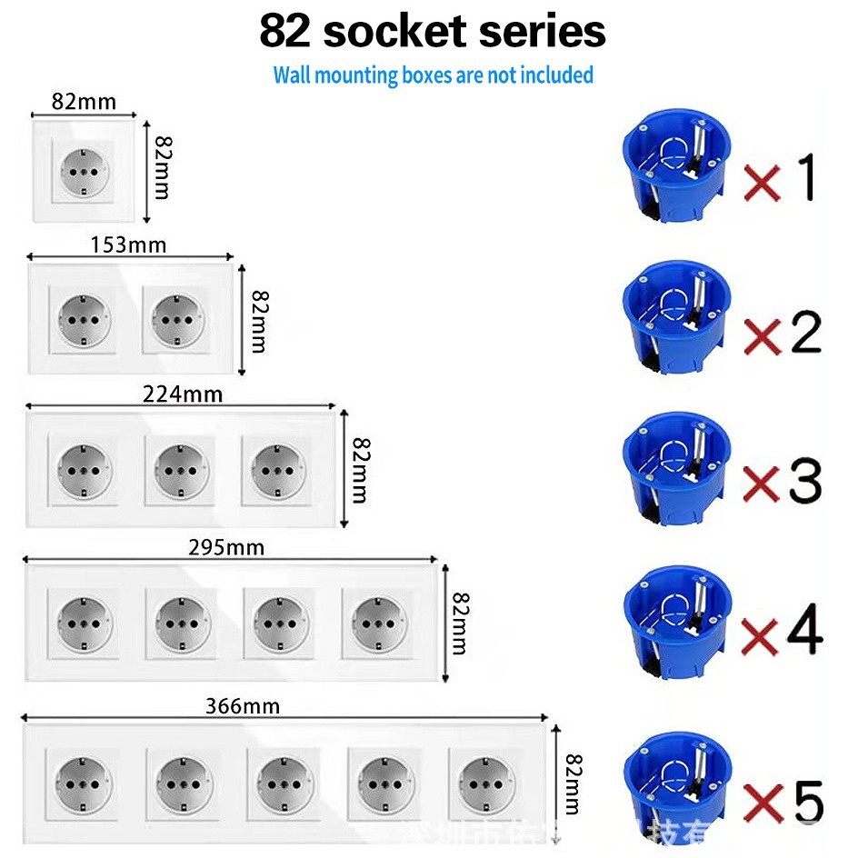 跨境82型欧标墙壁插座适合欧洲圆盒安装钢化玻璃面板插座批发