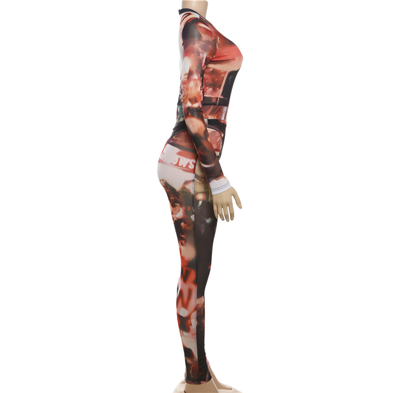 Women Spring Clothing Sexy Mesh Floral Print T Shaped Skinny Hip Raise Jumpsuit