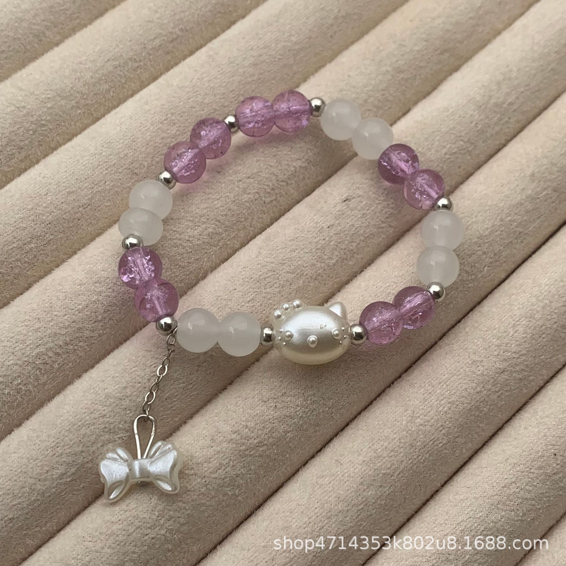 S185-8MM 보라색 KT 고양이 활 매달려 구슬 유리 팔찌#SZ1486용