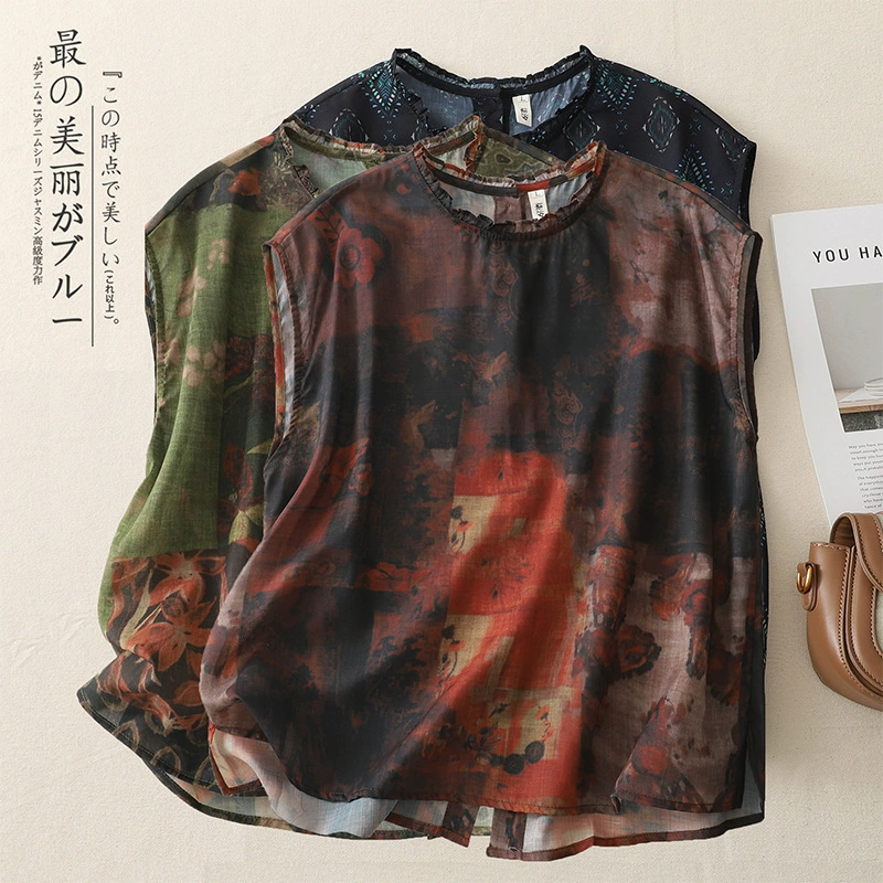 Реальный снимок ~ Маленький жилет с цветочным принтом, художественное ретро, ​​нежный внешний жилет, жилет, хлопок с принтом, топ из льна и льна.