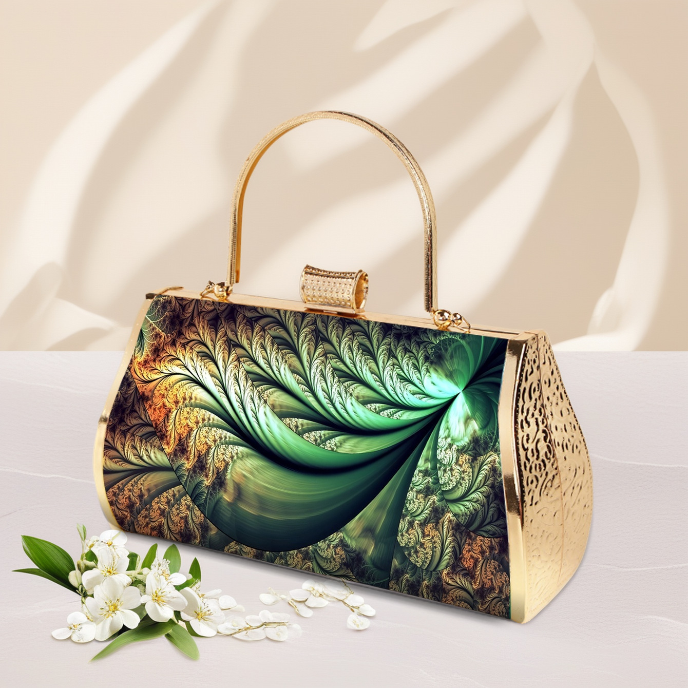 Elegante Abendtasche In Smaragdgrün Mit Blumenmuster Und Gold_voghion.com