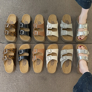 European and American Fashion Leopard Print Thick-Soled Boken Slippers Women's Shoes 2025 New Summer Beach Vacation Style Sandals