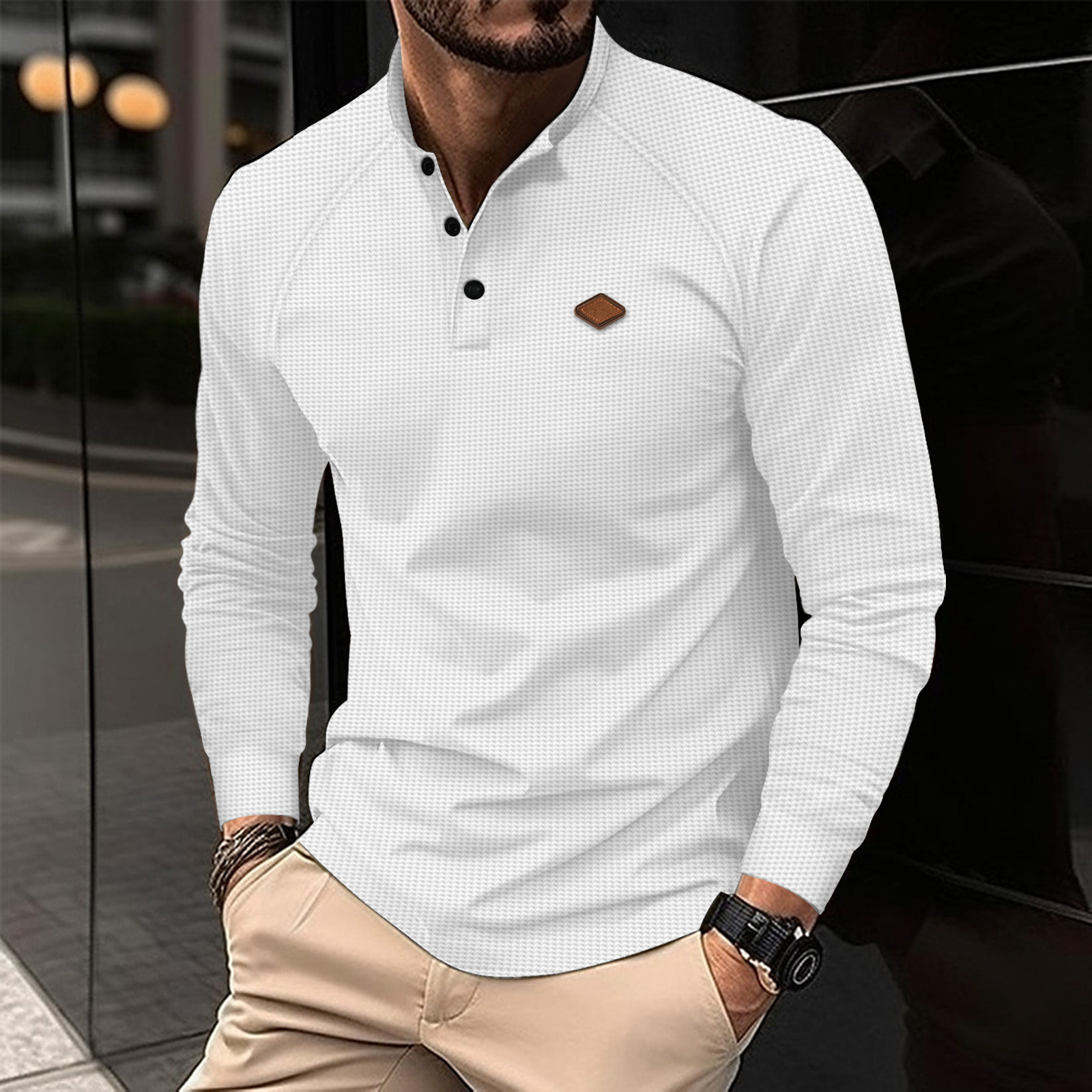 2024 Waffel Herbst/Winter Neue männer Hemd Mit Einfarbig Polo Kragen Langarm Sport_voghion.com