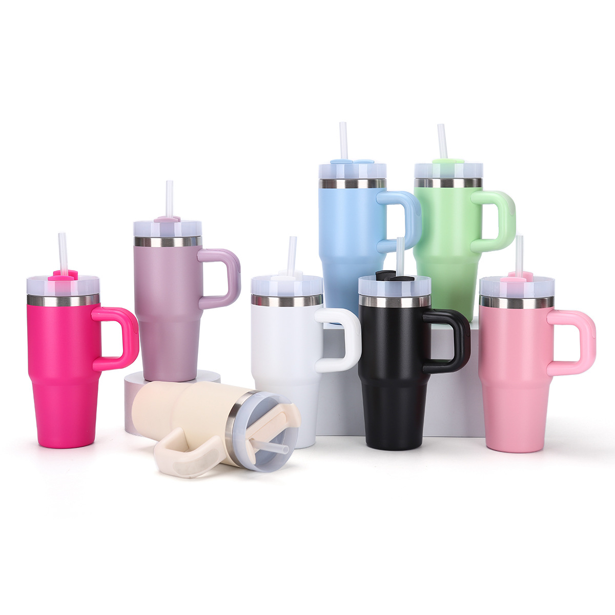 Taza térmica de vacío doble de 14 oz con pajita y asa, para auto