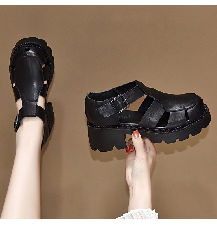 Giày sandal nữ bít mũi da thật phong cách retro đế dày gót thấp — Màu nâu chi tiết 18