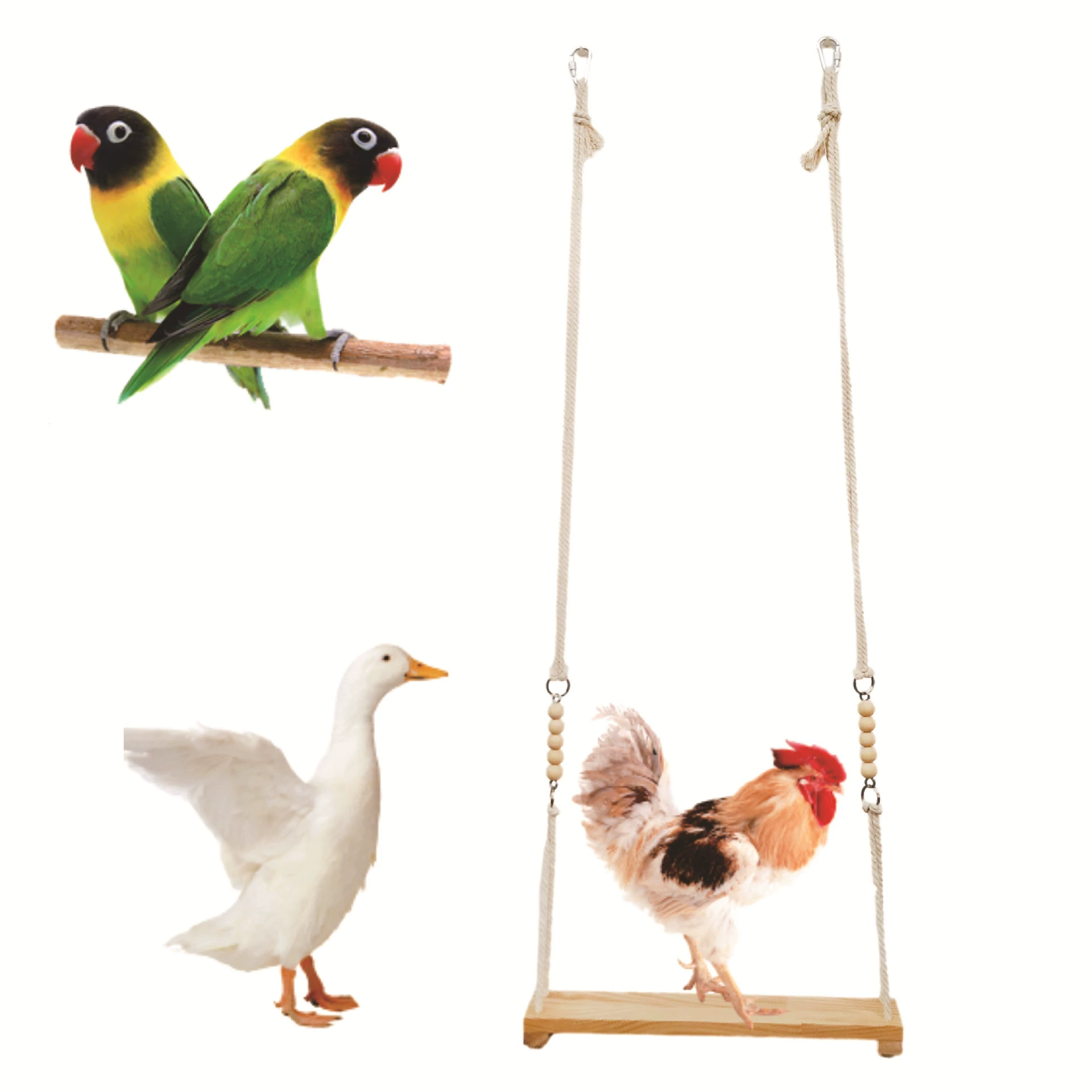 Курица Play Swing Log Хлопковая веревка Подвеска Оригинальный цвет Деревянные бусины Курица Утка Игрушка Попугай Птица Трансграничные Горячие продажи Прямые продажи
