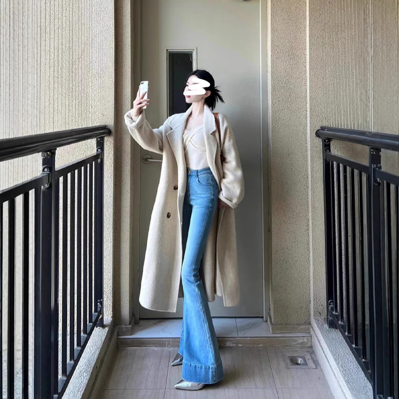 175 Tall Ladded American Style Retro Blue Micro-flared Jeans Women's High Waist Stretch Slim-fit Horseshoe Pants