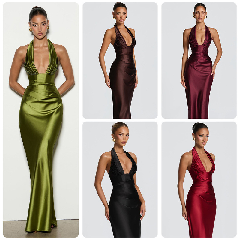 2026 European and American Cross-Border New Style Halter Deep V-Neck Long Dress with Pleats and Straps, Sexy Off-Shoulder Slim-Fit Long Dress for Parties and Events 2026 European and American Cross-Border New Style Halter Deep V-Neck Long Dress with Pleats and Straps, Sexy Off-Shoulder Slim-Fit Long Dress for Parties and Events