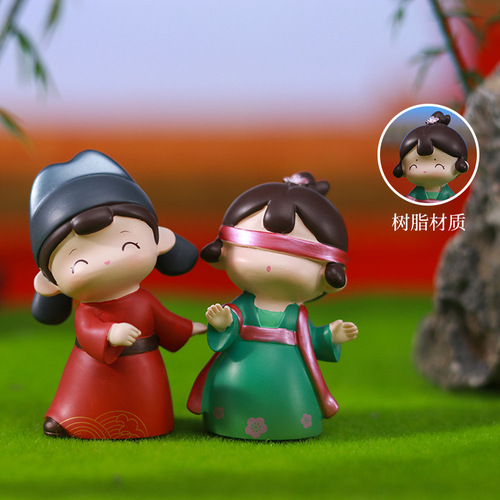 Qingmei Zhu Ma ancient style couple miniature landscape desk ornament hand office resin figurine character car ornament decoration item
