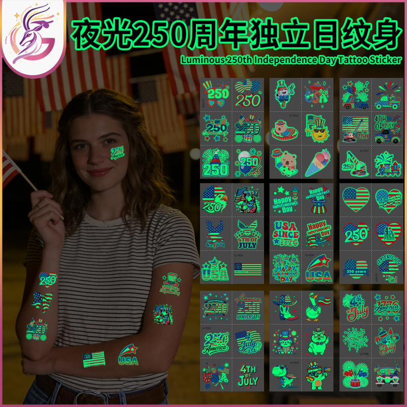 Glow-In-The-Dark 250Th Independence Day Tattoo Stickers, American Flag, Removable, Luminous, Party Event, Childlike Temporary Stickers