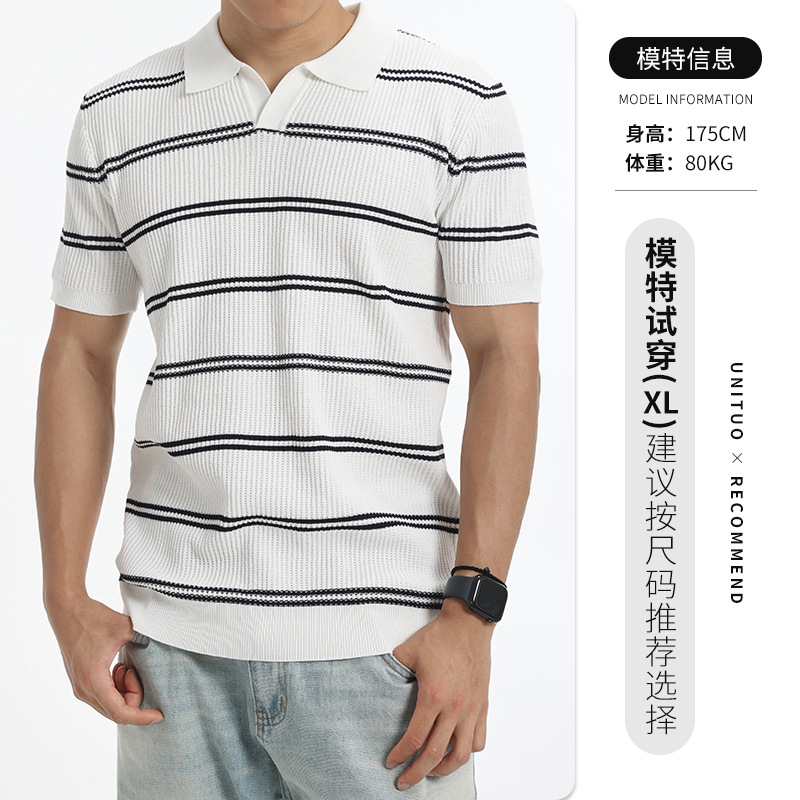 Europa y los Estados Unidos transfronterizos de verano hombre con solapa rayada hielo polo camiseta de negocios casual alta sensación de mangas cortas prendas de punto para hombres