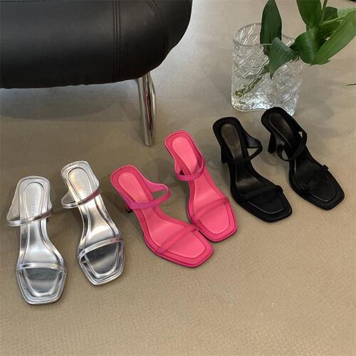 Summer 2024 Fashionable New Sexy High Heel Sandals for Women, Outwear Silver Square Toe Strappy Sandals with Toe Post