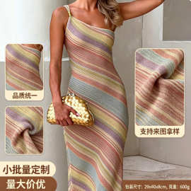 夏季法式辣妹风金色珠饰条纹侧开衩单肩针织连衣裙女派对礼服跨境