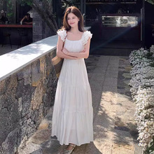 法式白色连衣裙女夏季碎花泡泡袖新中式重工拼接蕾丝设计感长裙