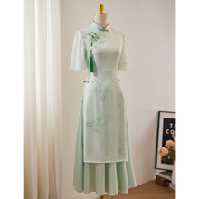 绿色旗袍2024新款女夏季新中式改良奥黛连衣裙年轻款气质茶服雪纺