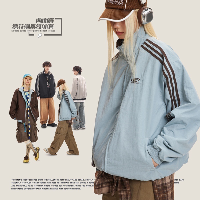 Qilin Double Side Stripe Printed Jacket Men's 2024 Spring and Autumn American Style Retro Fashionable Brand Youth Loose Jacket Qilin Double Side Stripe Printed Jacket Men's 2024 Spring and Autumn American Style Retro Fashionable Brand Youth Loose Jacket