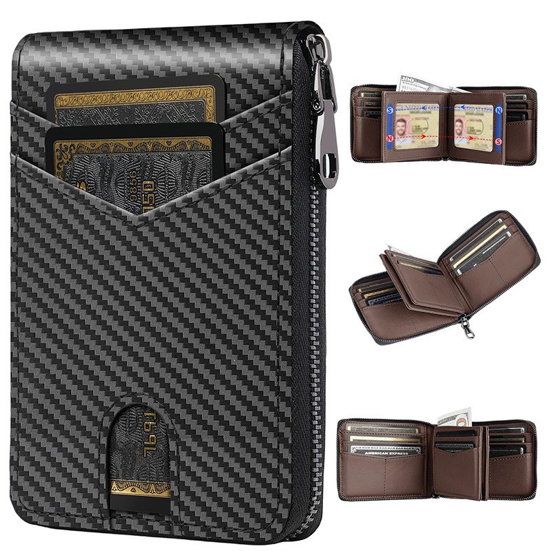 Amazon cartera de tarjetas de fibra de carbono multi-tarjeta de cuero cartera de cremallera RFID anti-robo cartera de negocios para hombres