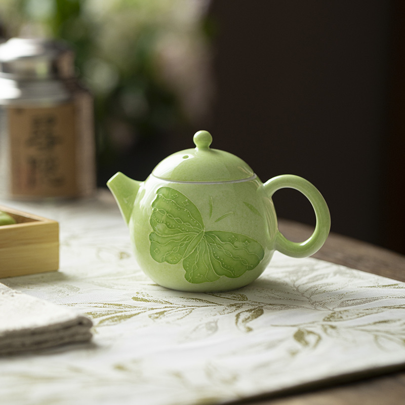洒绿釉下彩手绘蝴蝶陶瓷文旦壶小号泡茶壶带过滤小清新茶具一人用|undefined