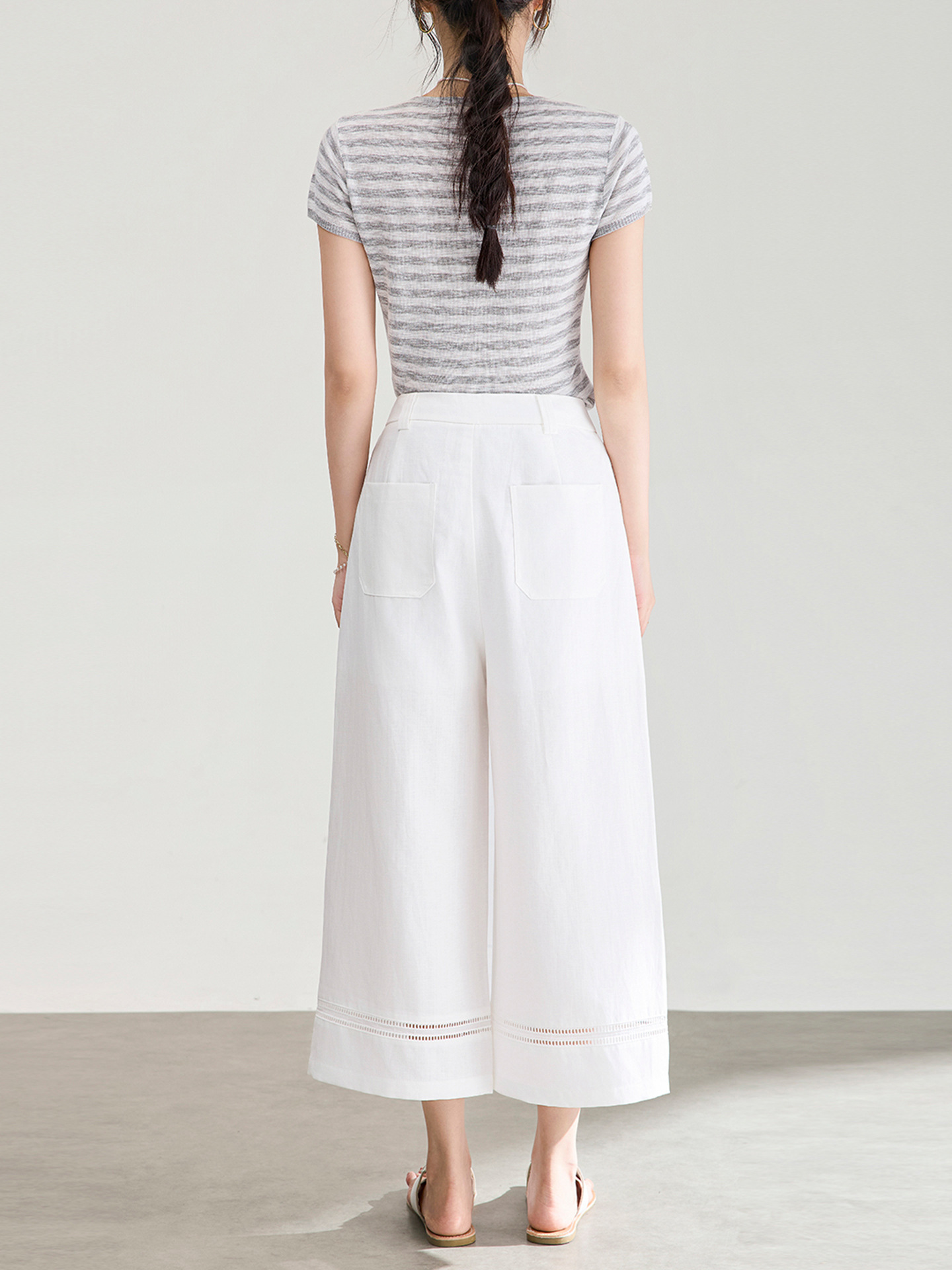 Quần culottes nữ ống rộng dáng dài 9 phần, chất liệu sợi gai dầu mỏng nhẹ mùa hè — màu xanh navy