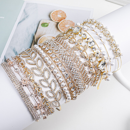 Amazon's new rhinestone pearl headband bridal jewelry double-layer thin headband children's crown headwear manufacturer wholesale