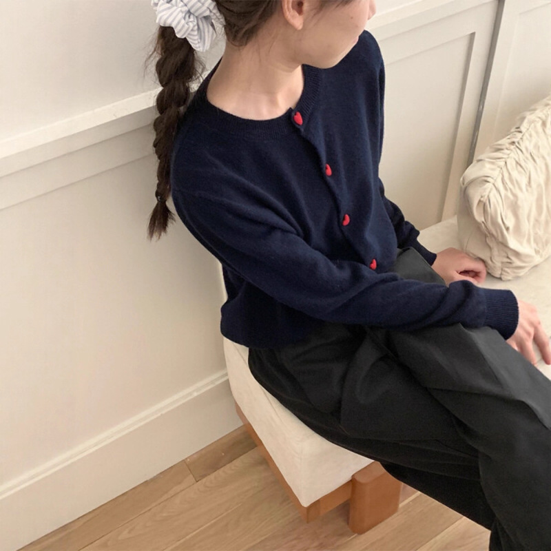 甜美爱心扣针织开衫女2025秋冬新款韩系百搭减龄圆领短款毛衣外套|undefined