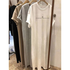 ミドル丈膝上純綿白半袖ドレスレディース夏アウター2025新作ルーズスリットTシャツドレス