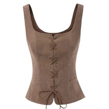 SD Women Vintage Faux Suede Square Neck U-Back Lace-up Front