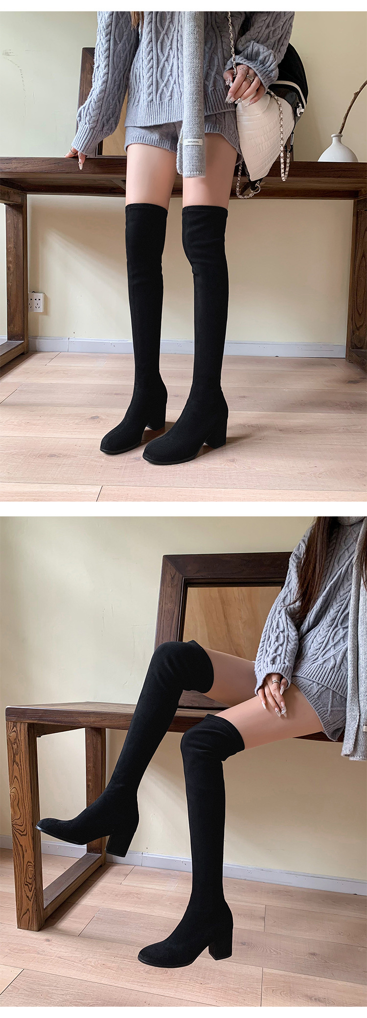Boot nữ cổ cao ôm bắp chân mũi tròn gót vuông đế dày da lộn — Lớp lót đơn trên đầu gối màu kaki chi tiết 39
