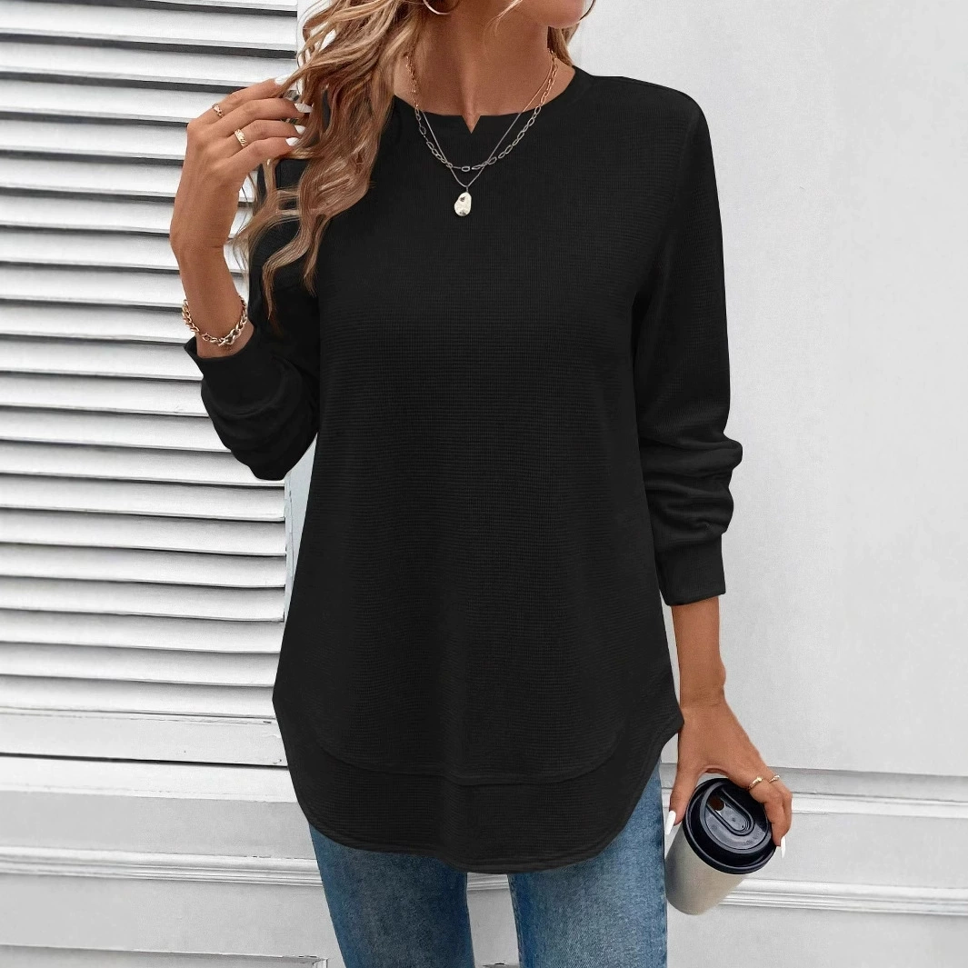 Spot cross-border Amazon women's basic asymmetric hem waffle check casual and comfortable sweatshirt