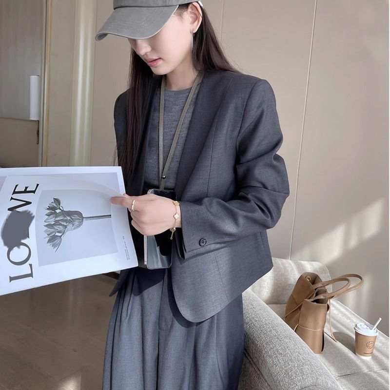 灰色休闲简约V领长袖西装外套女春季2025通勤利落小个子气质西服|undefined